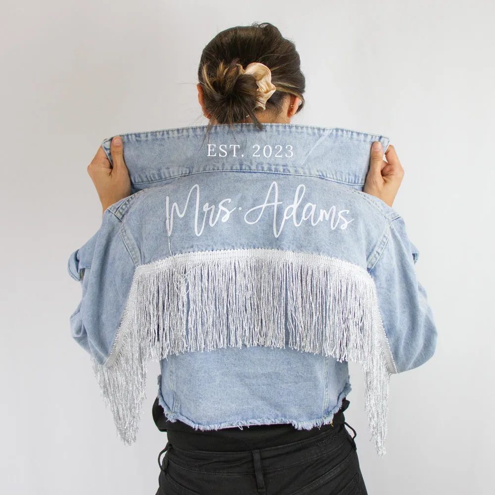 (Blue Fringe) Custom Mrs. Last Name Denim Jacket