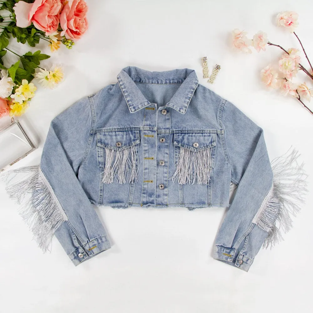 (Blue Fringe) Custom Mrs. Last Name Denim Jacket