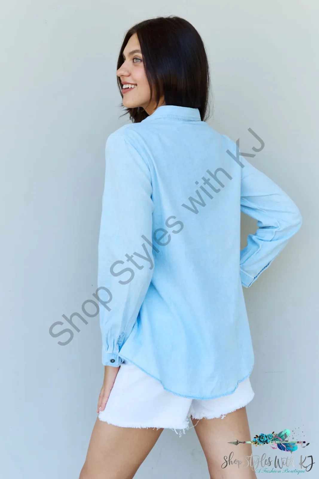 Blue Jean Baby Denim Button Down Shirt Top in Light Blue