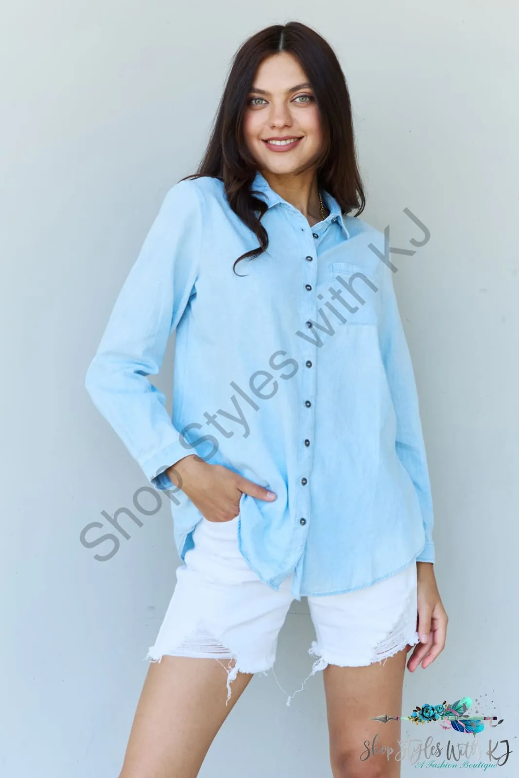 Blue Jean Baby Denim Button Down Shirt Top in Light Blue