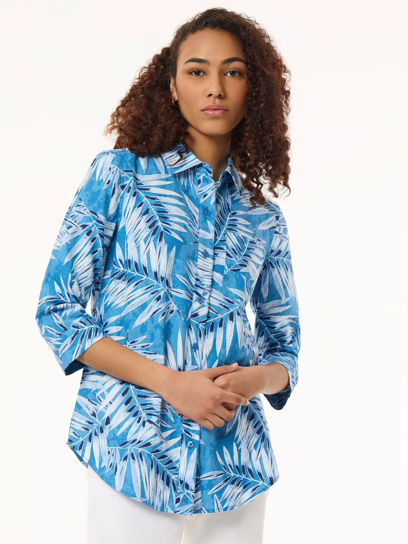 Button Front Tropical Shirt, Printed Linen