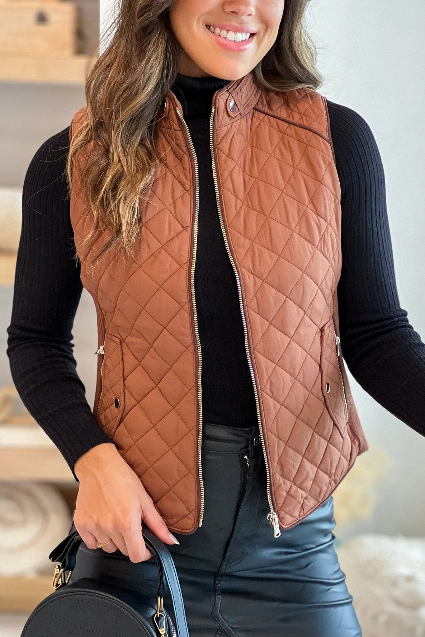 Camel Quilted Vest With Front Pockets