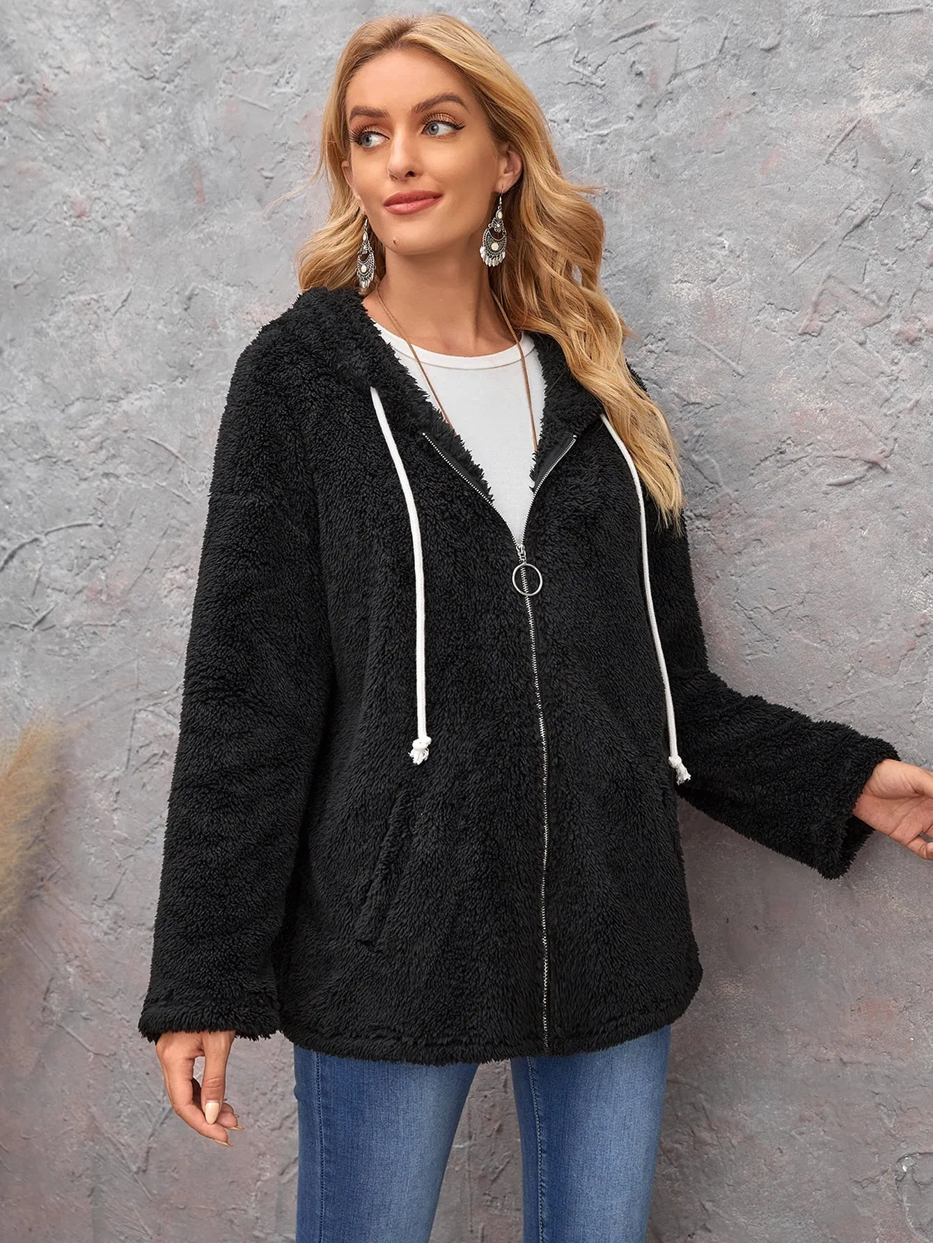 Casual Plain Zipper Long Sleeve Hooded Regular Women Jacket