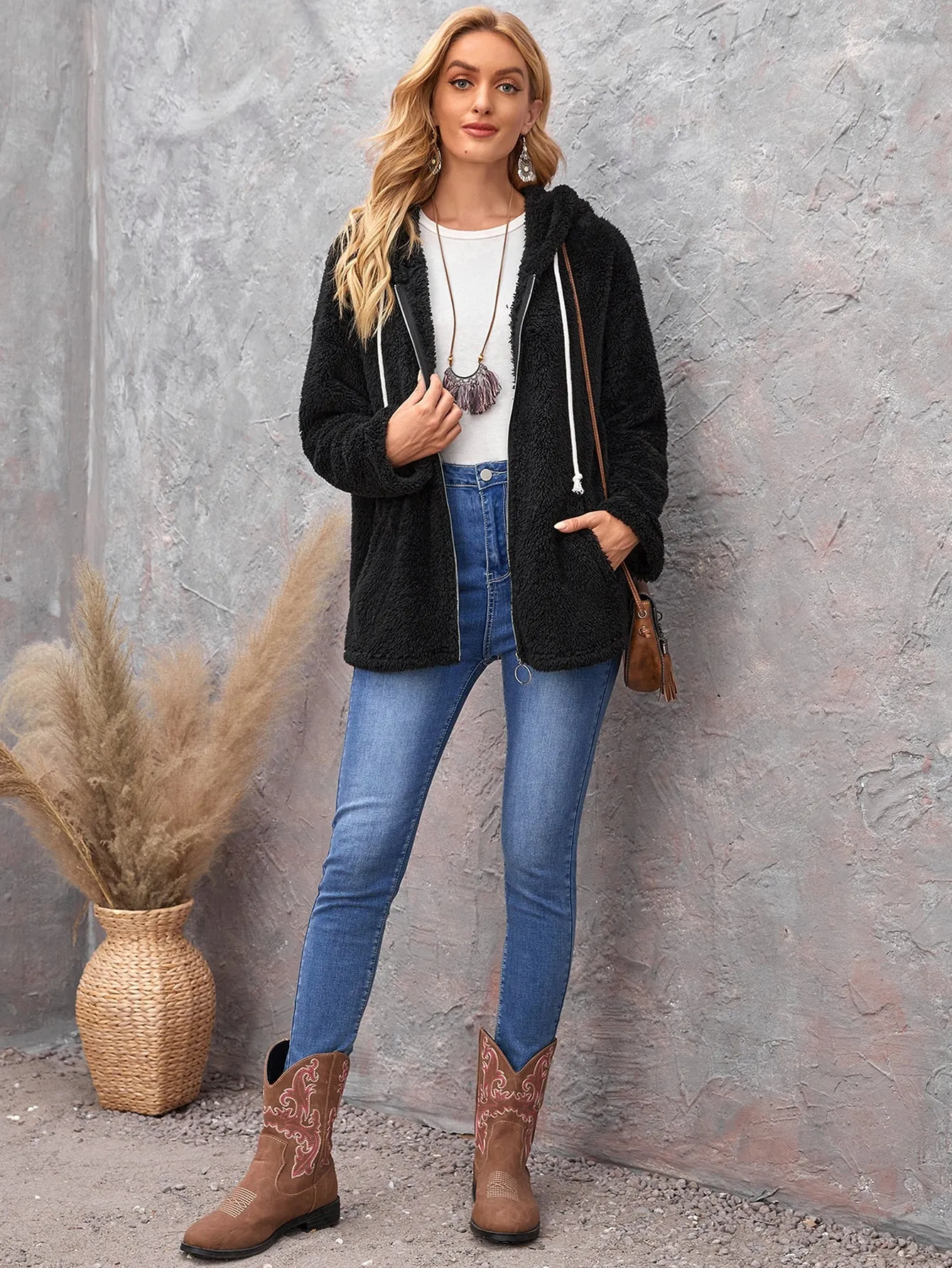 Casual Plain Zipper Long Sleeve Hooded Regular Women Jacket