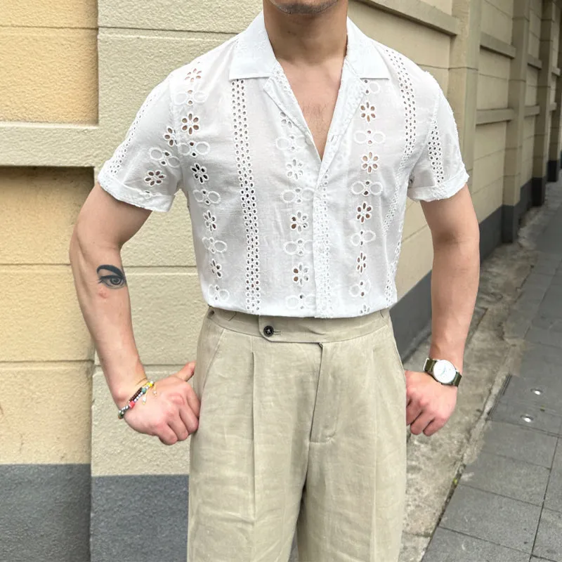 Casual Quilted Cuban Collar Short Sleeve Shirt