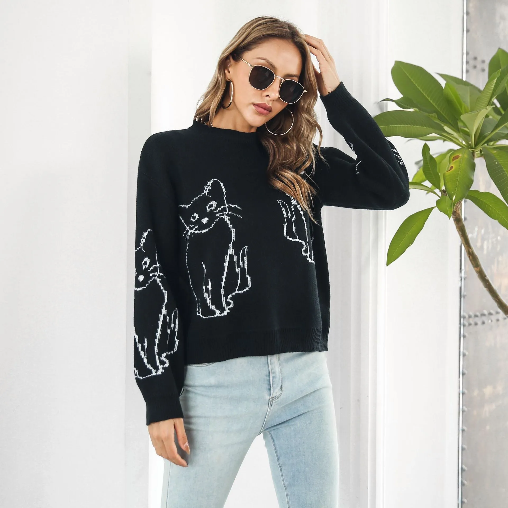 Cat Brocade Long Sleeve Sweater