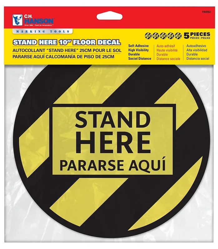 CH Hanson 15092 Stand Here Floor Decal, 10 in W, Black/Yellow :PK 5: QUANTITY: 1