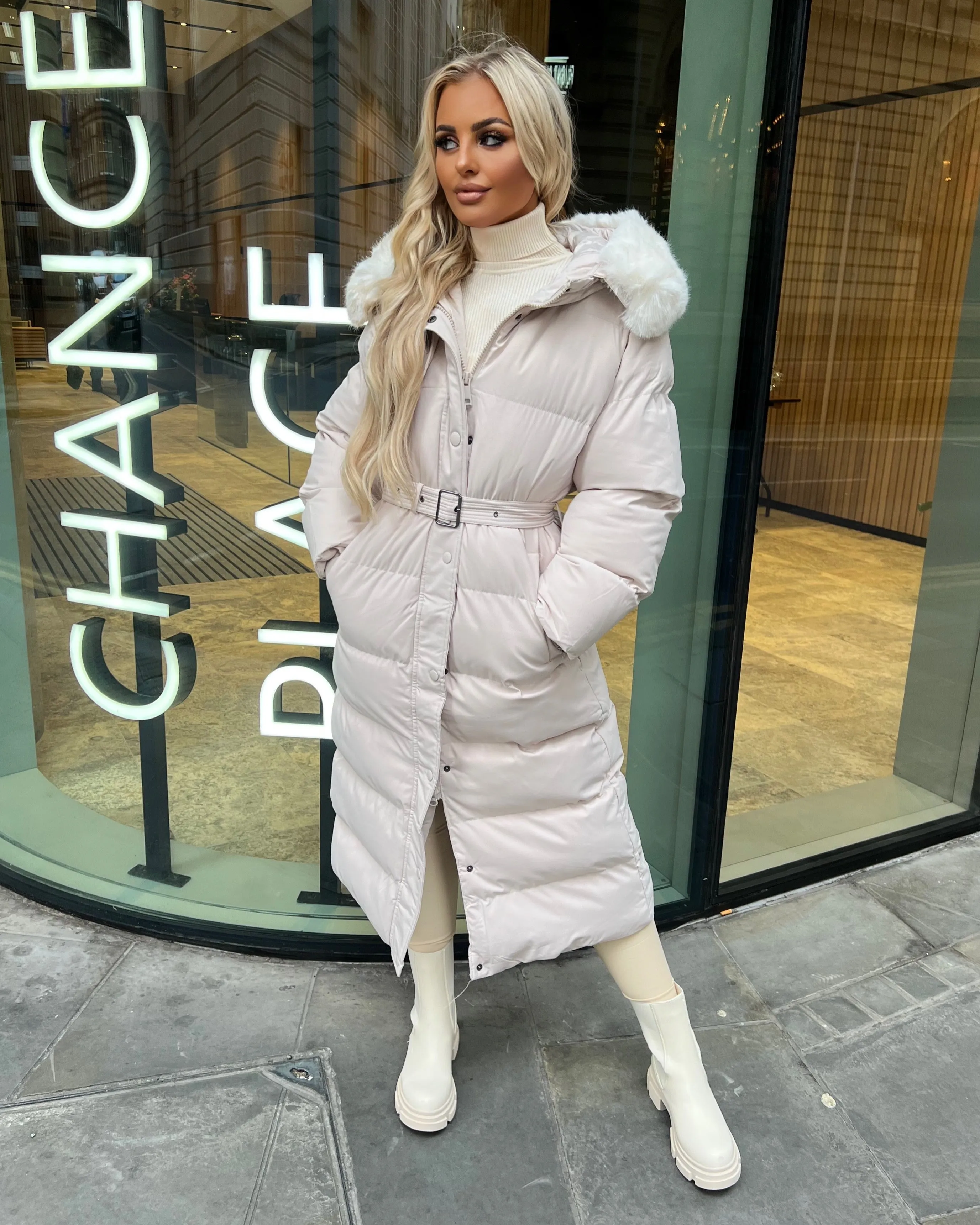 Chantel Long Padded Faux Fur Hooded Coat - Cream