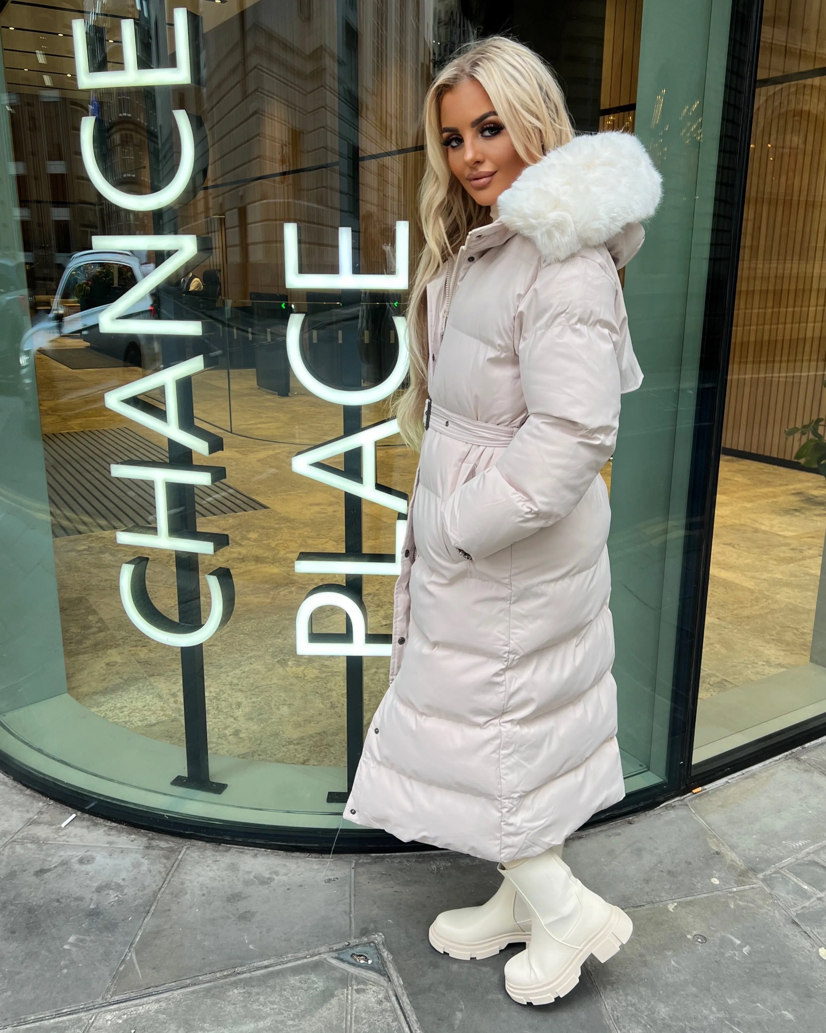 Chantel Long Padded Faux Fur Hooded Coat - Cream