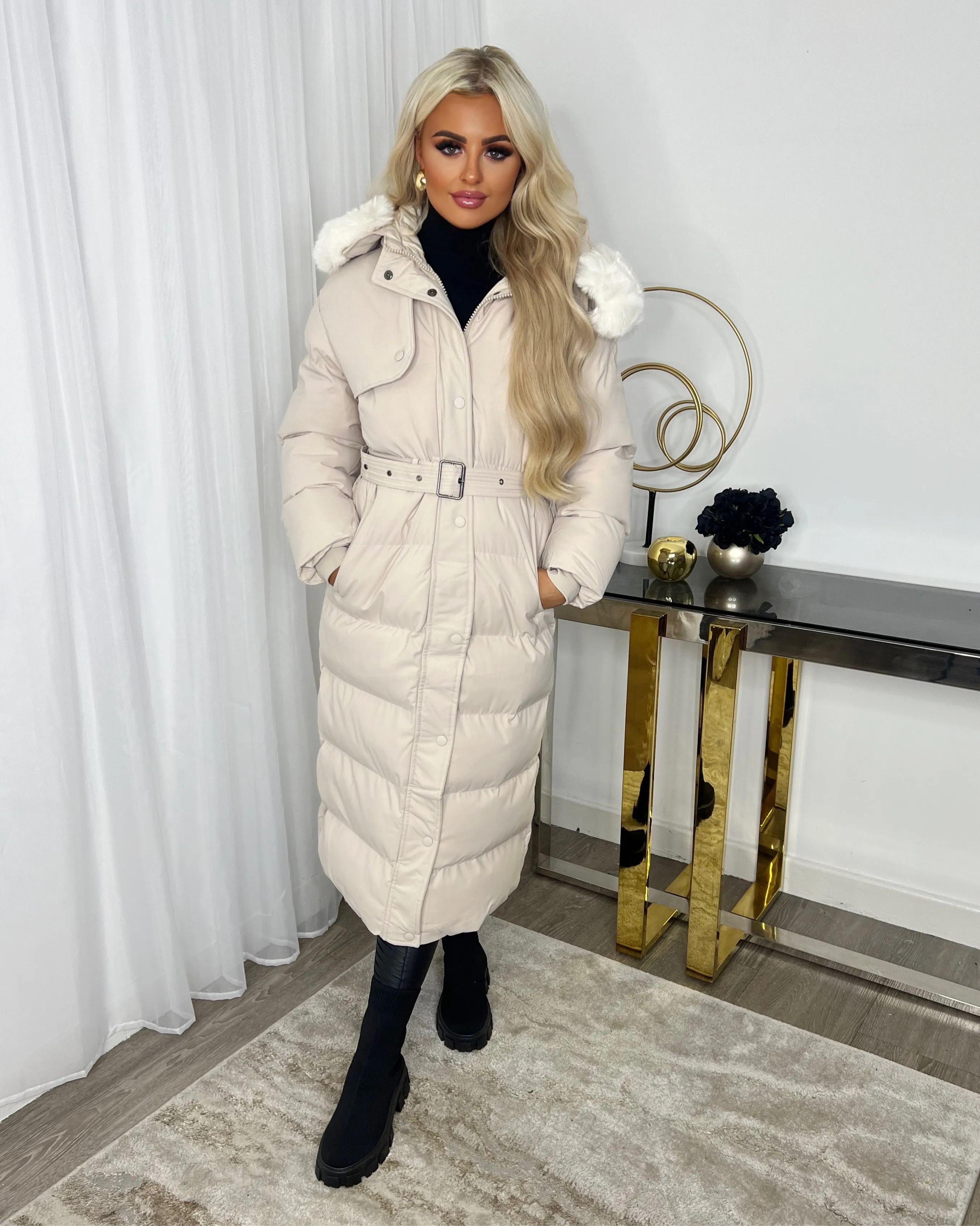 Chantel Long Padded Faux Fur Hooded Coat - Cream