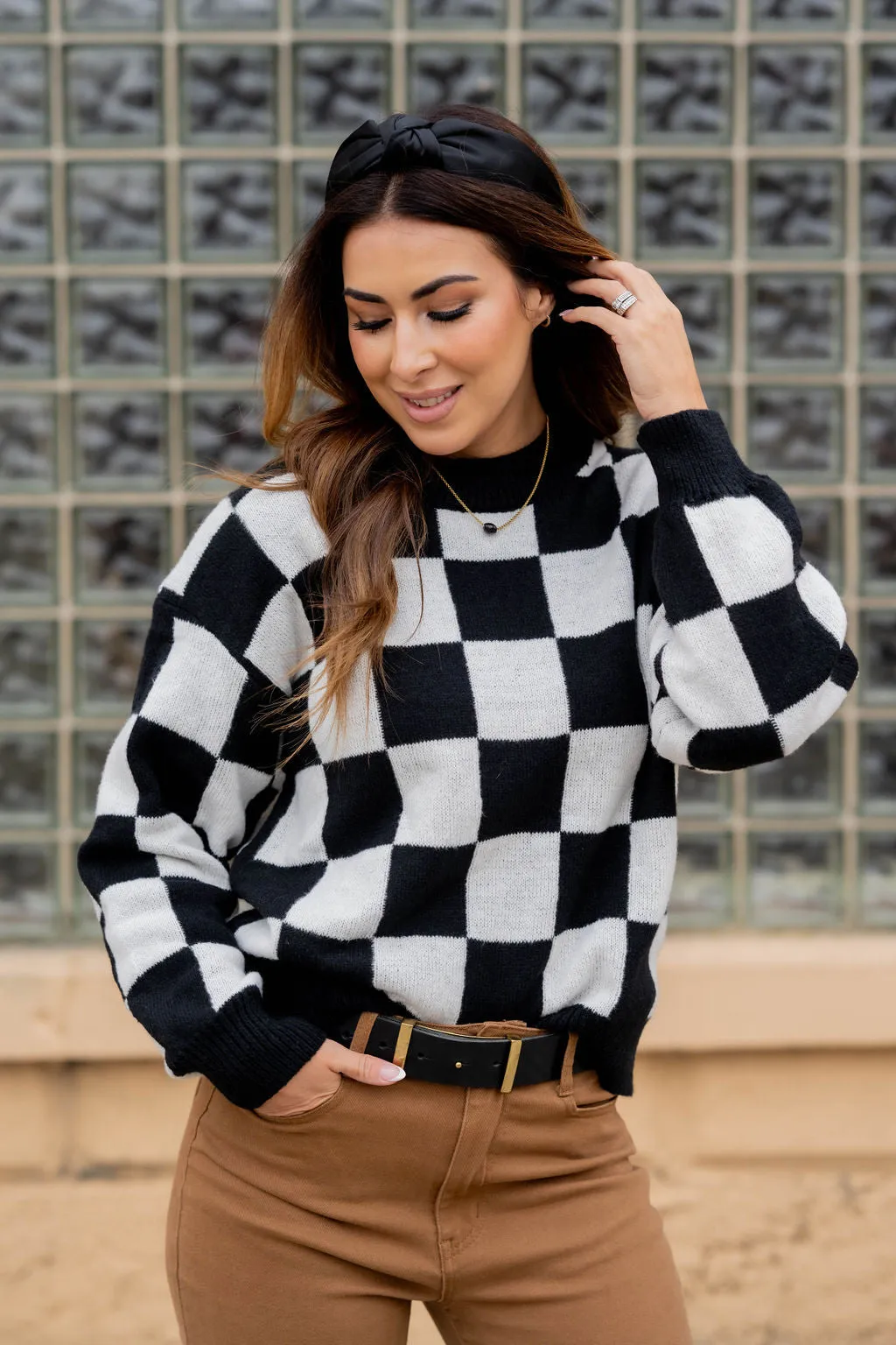 Checkered Solid Trim Sweater