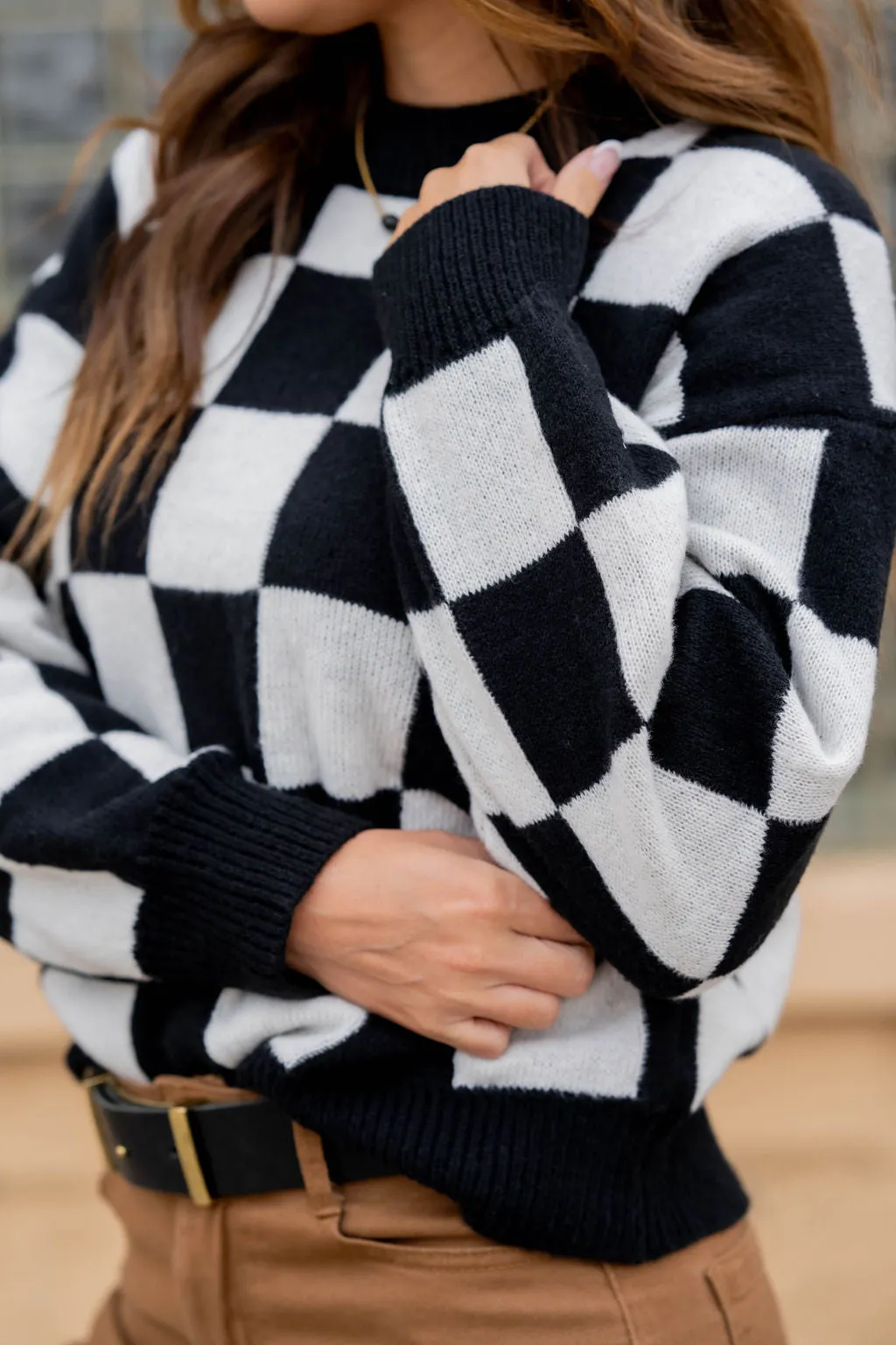 Checkered Solid Trim Sweater