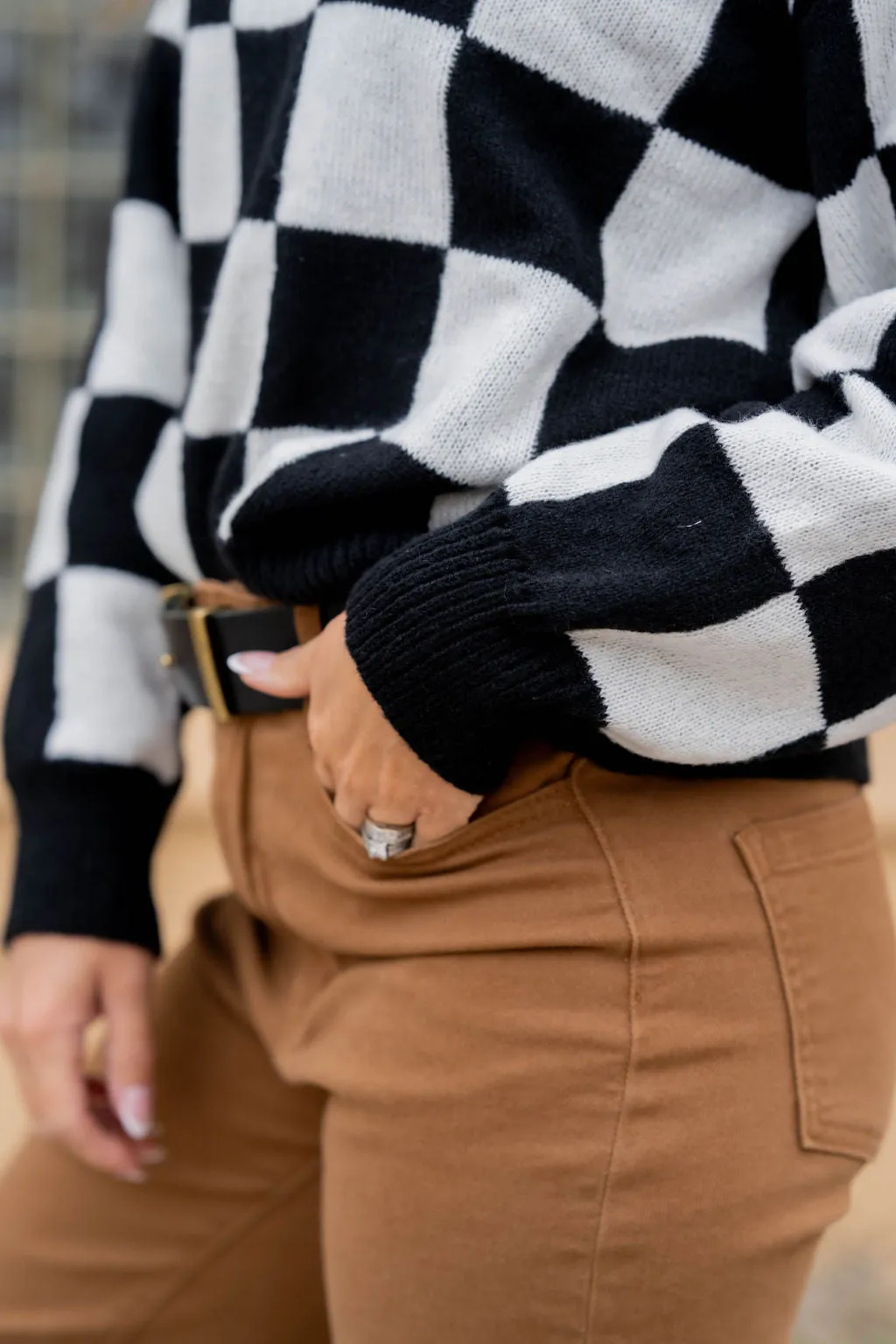 Checkered Solid Trim Sweater