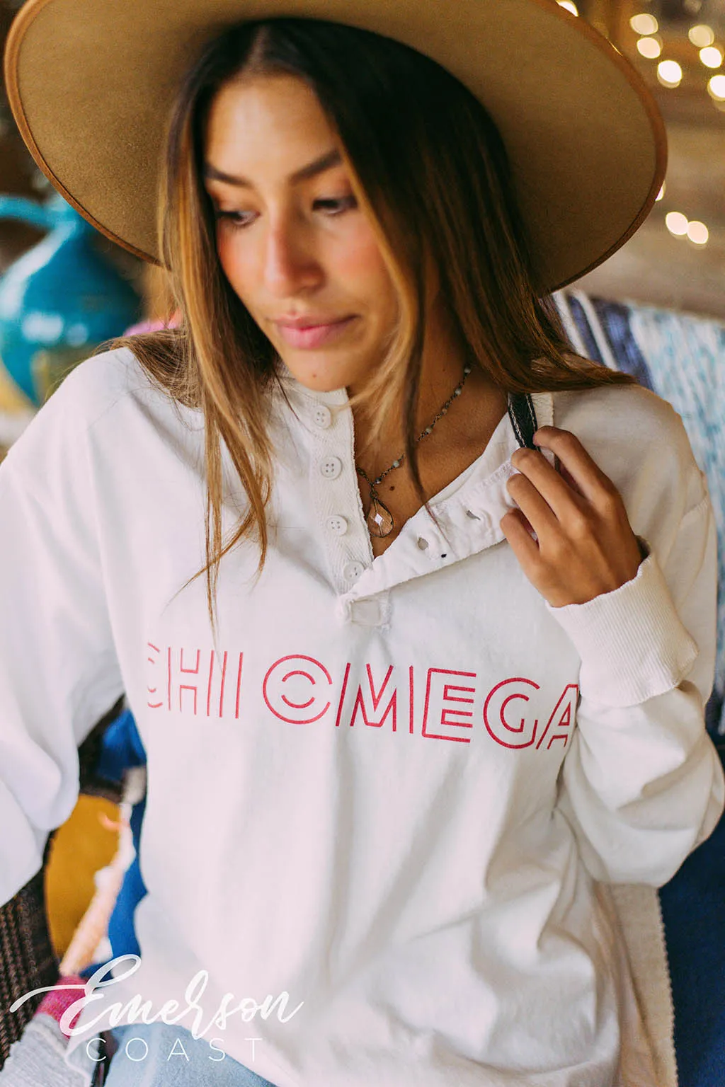 Chi Omega White Long Sleeve Henley