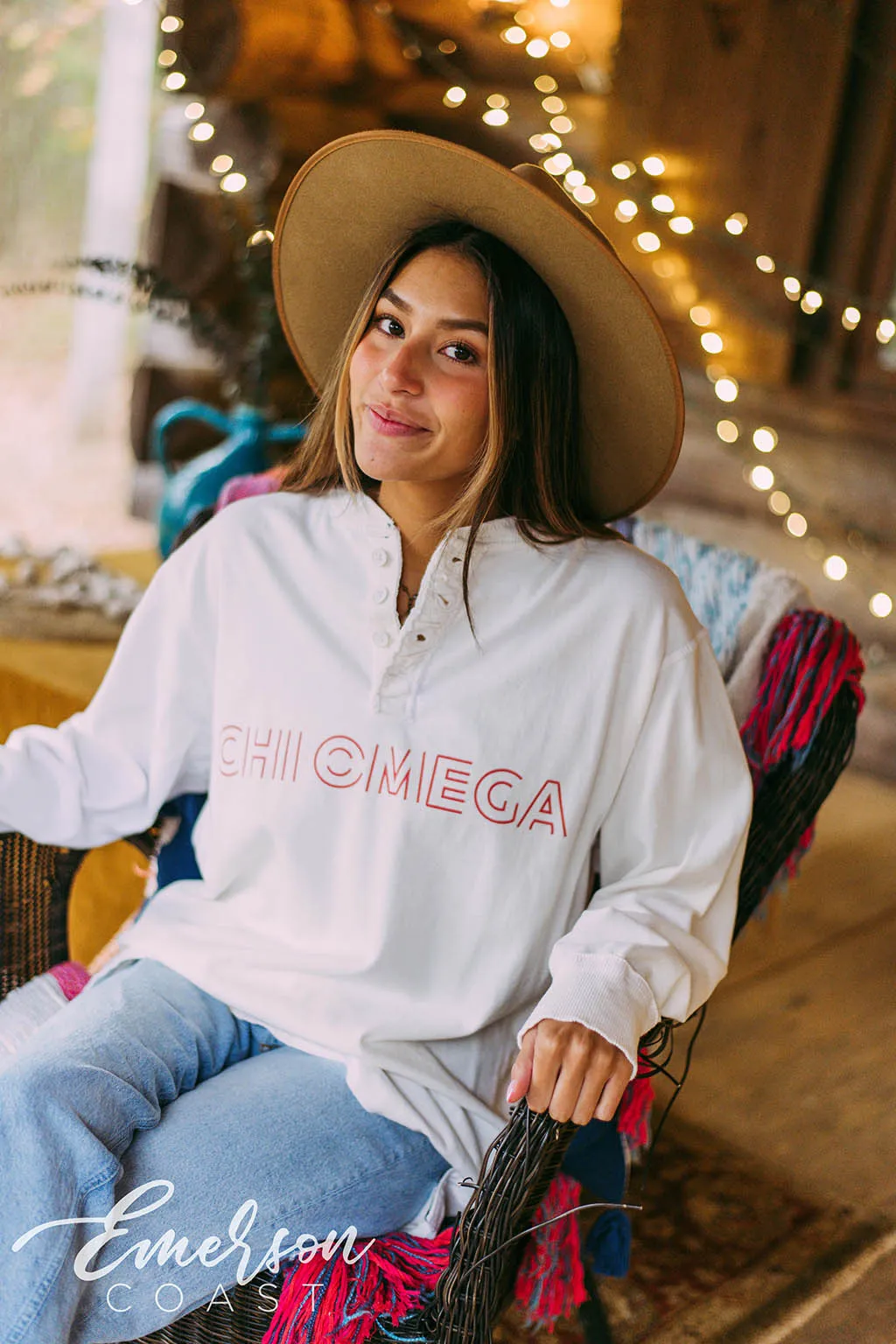 Chi Omega White Long Sleeve Henley