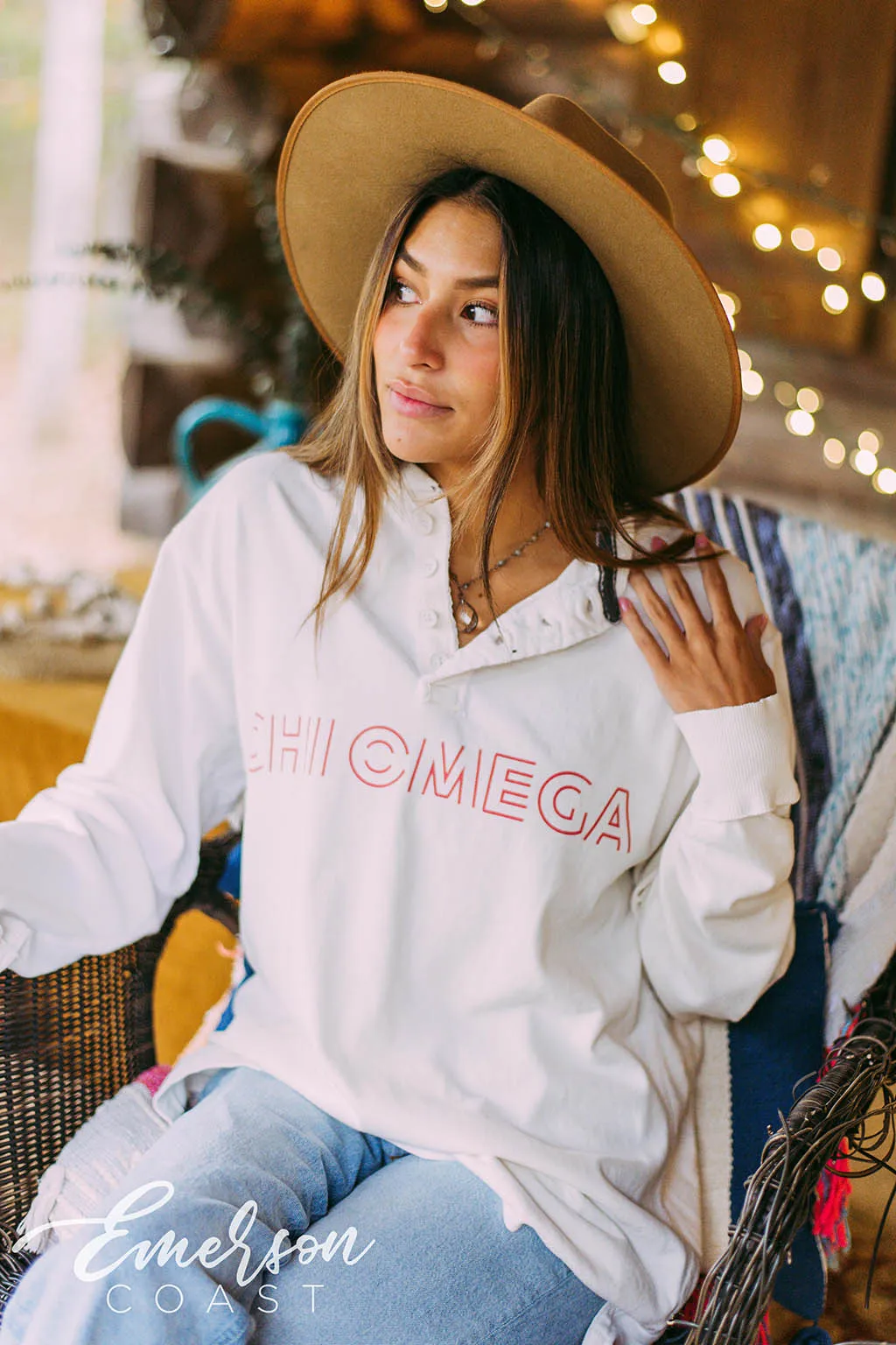 Chi Omega White Long Sleeve Henley