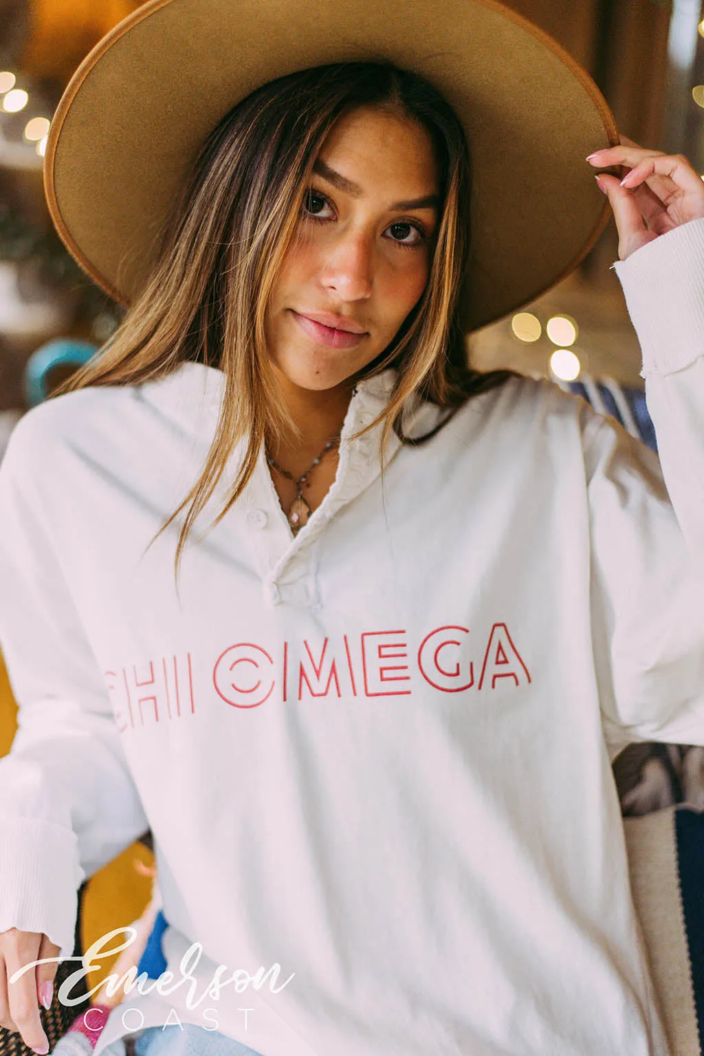 Chi Omega White Long Sleeve Henley