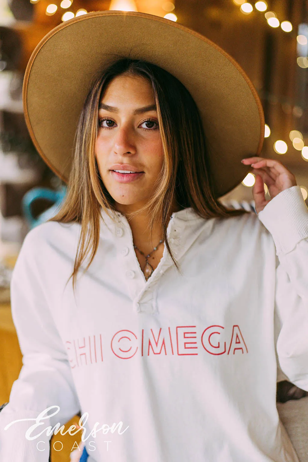 Chi Omega White Long Sleeve Henley