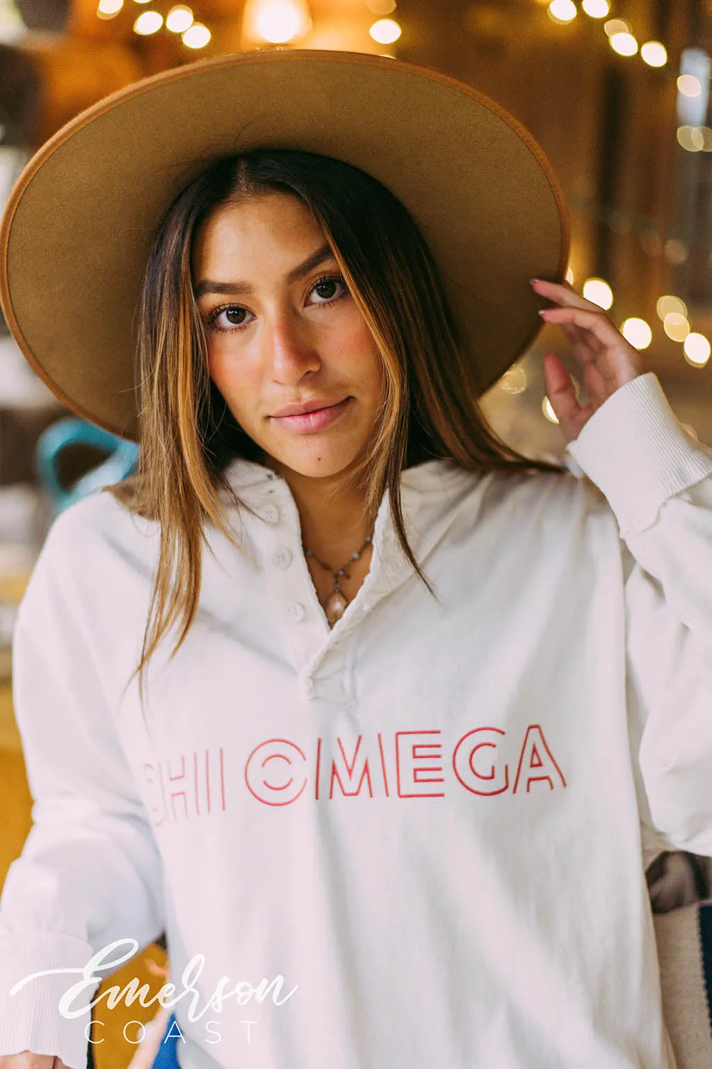 Chi Omega White Long Sleeve Henley