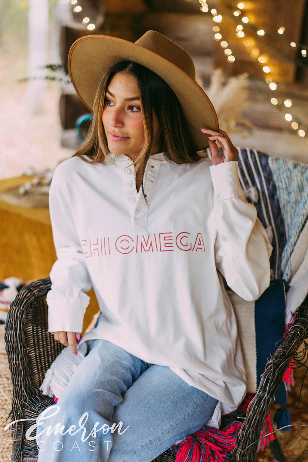 Chi Omega White Long Sleeve Henley