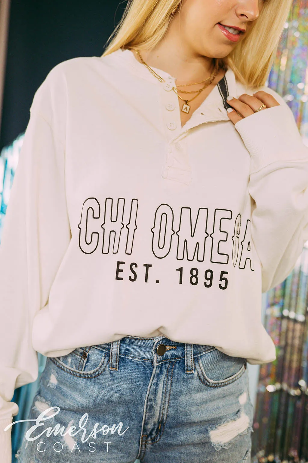 Chi Omega White PR Long Sleeve Thermal Henley