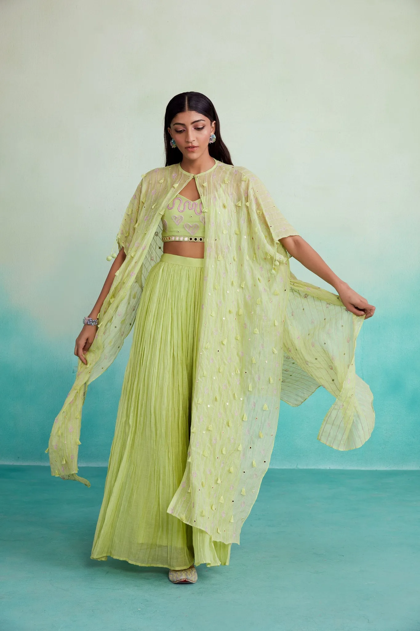 Citra jacket set - Lime Hand embroidered Jacket Crop top & Sharara set