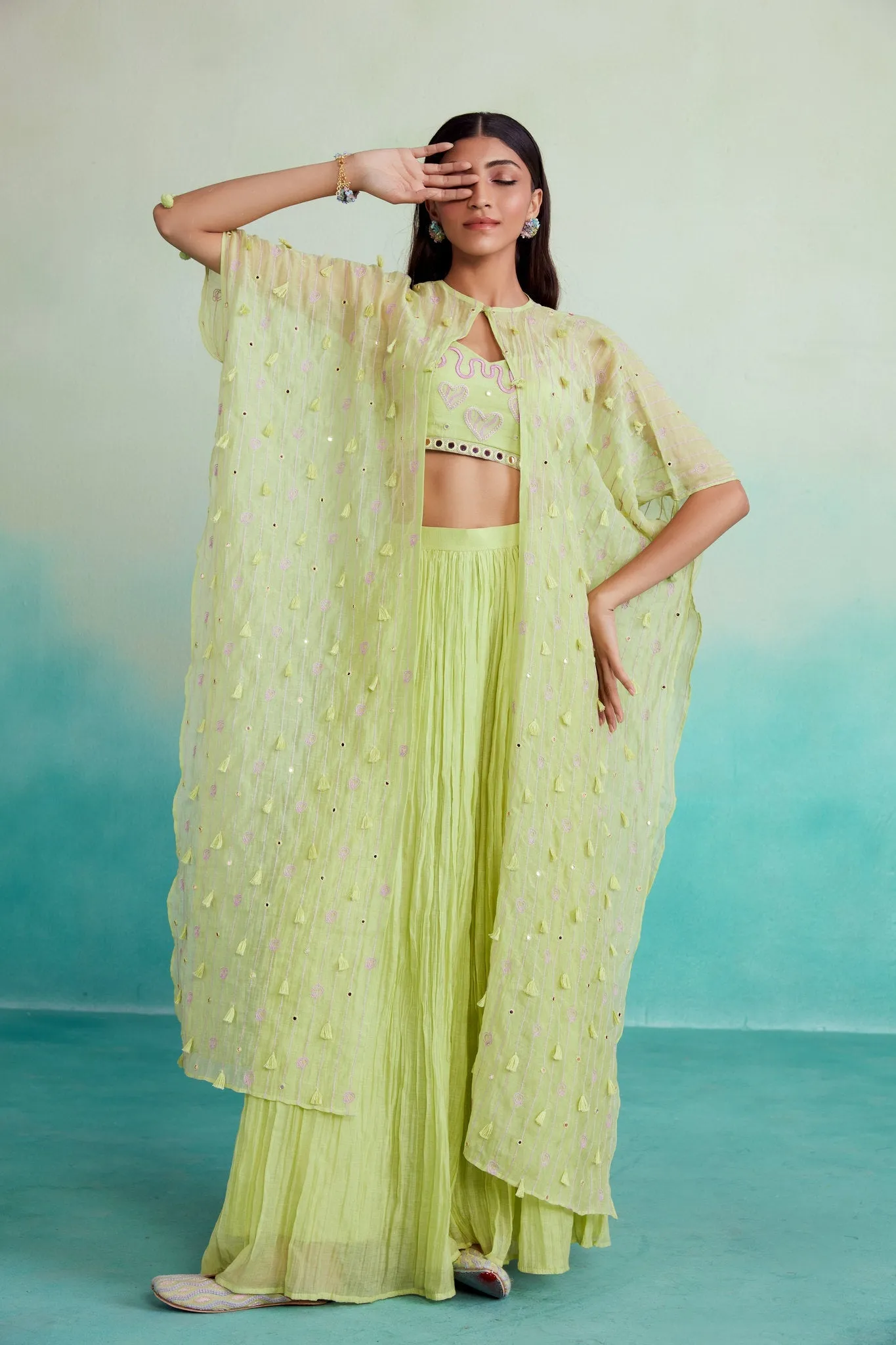 Citra jacket set - Lime Hand embroidered Jacket Crop top & Sharara set