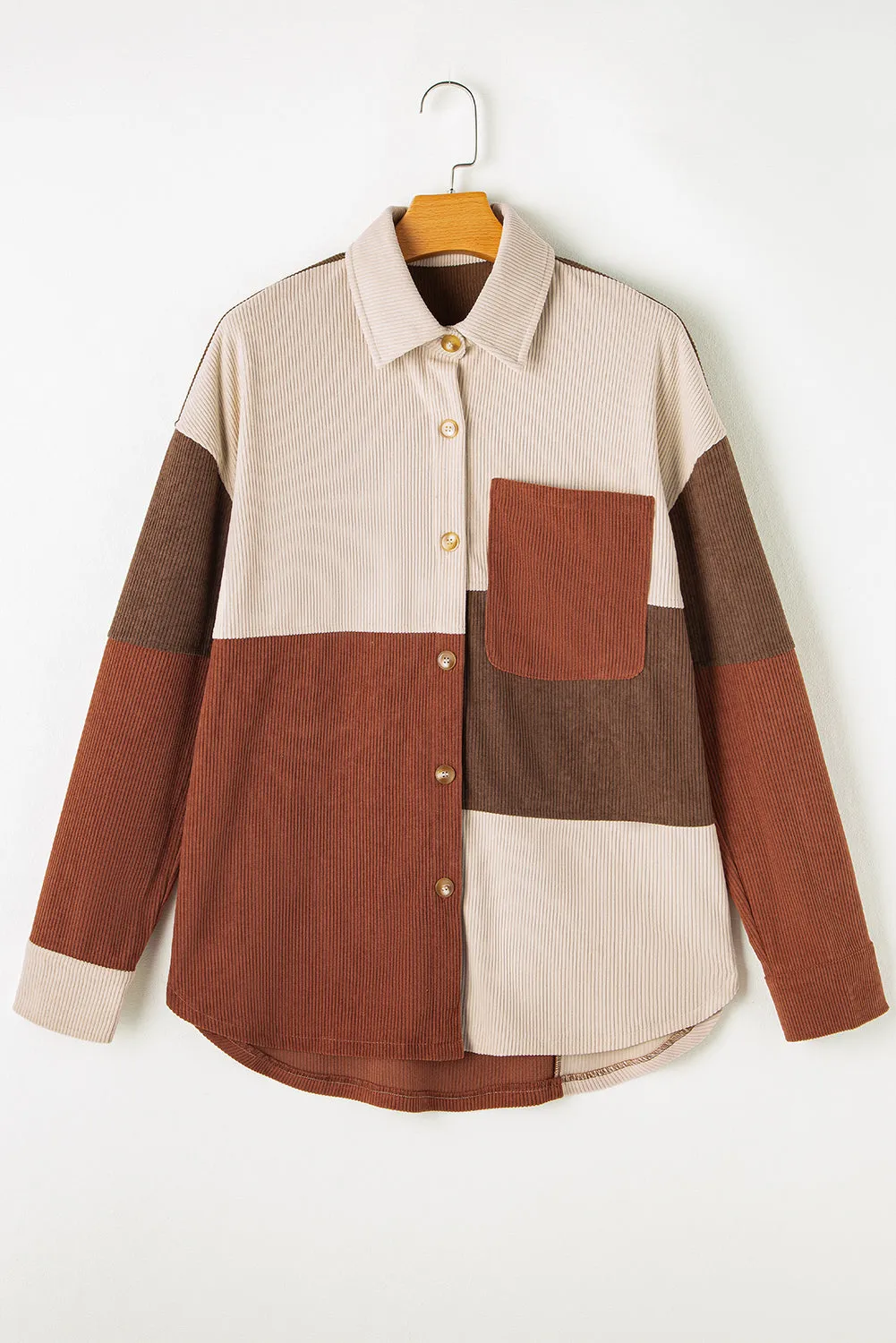 Colorblock Corduroy Curved Hem Shacket