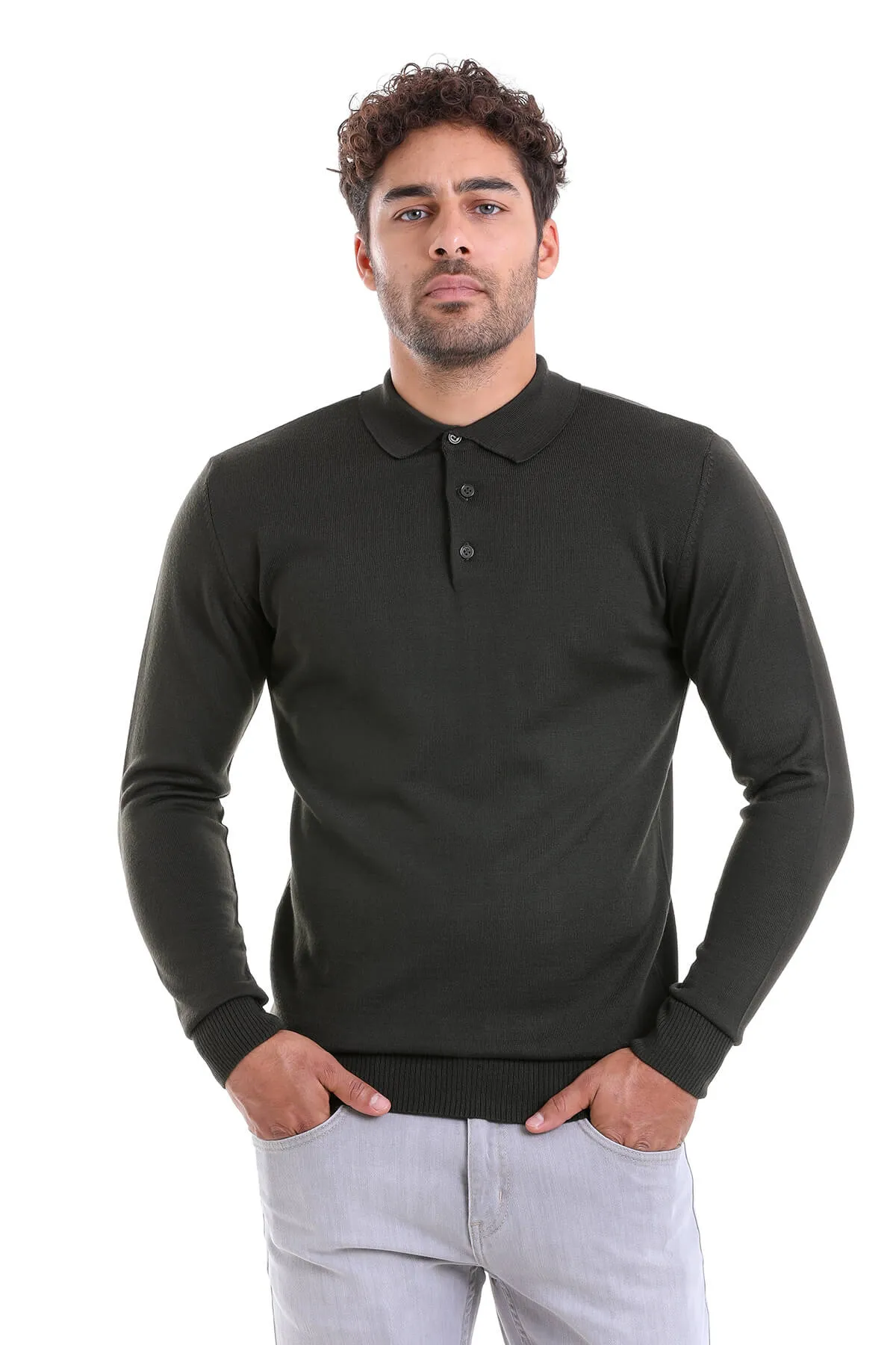 Comfort Fit Wool Blend Khaki Polo Sweater