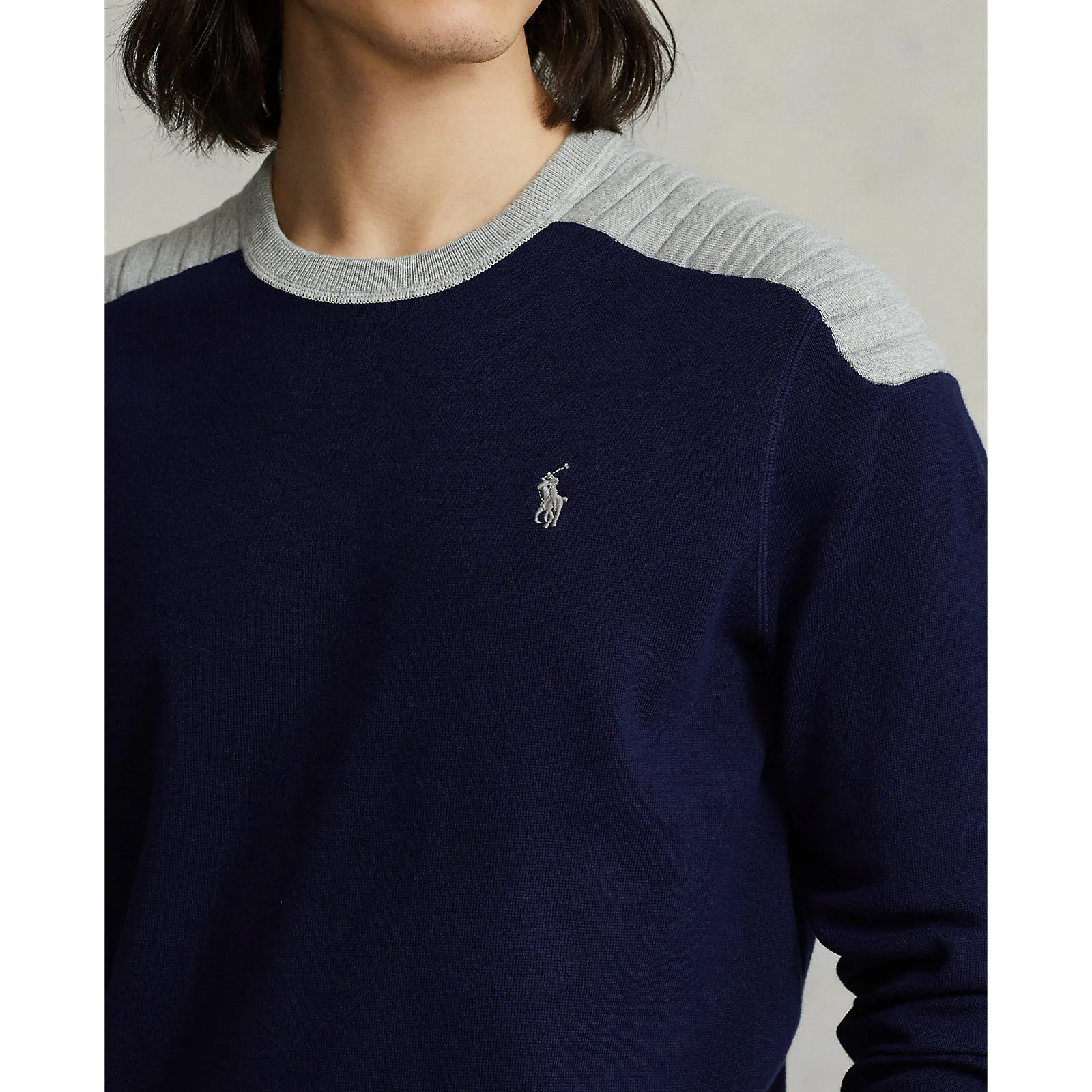 Cotton Blend Crew Neck Sweater - Navy/Grey