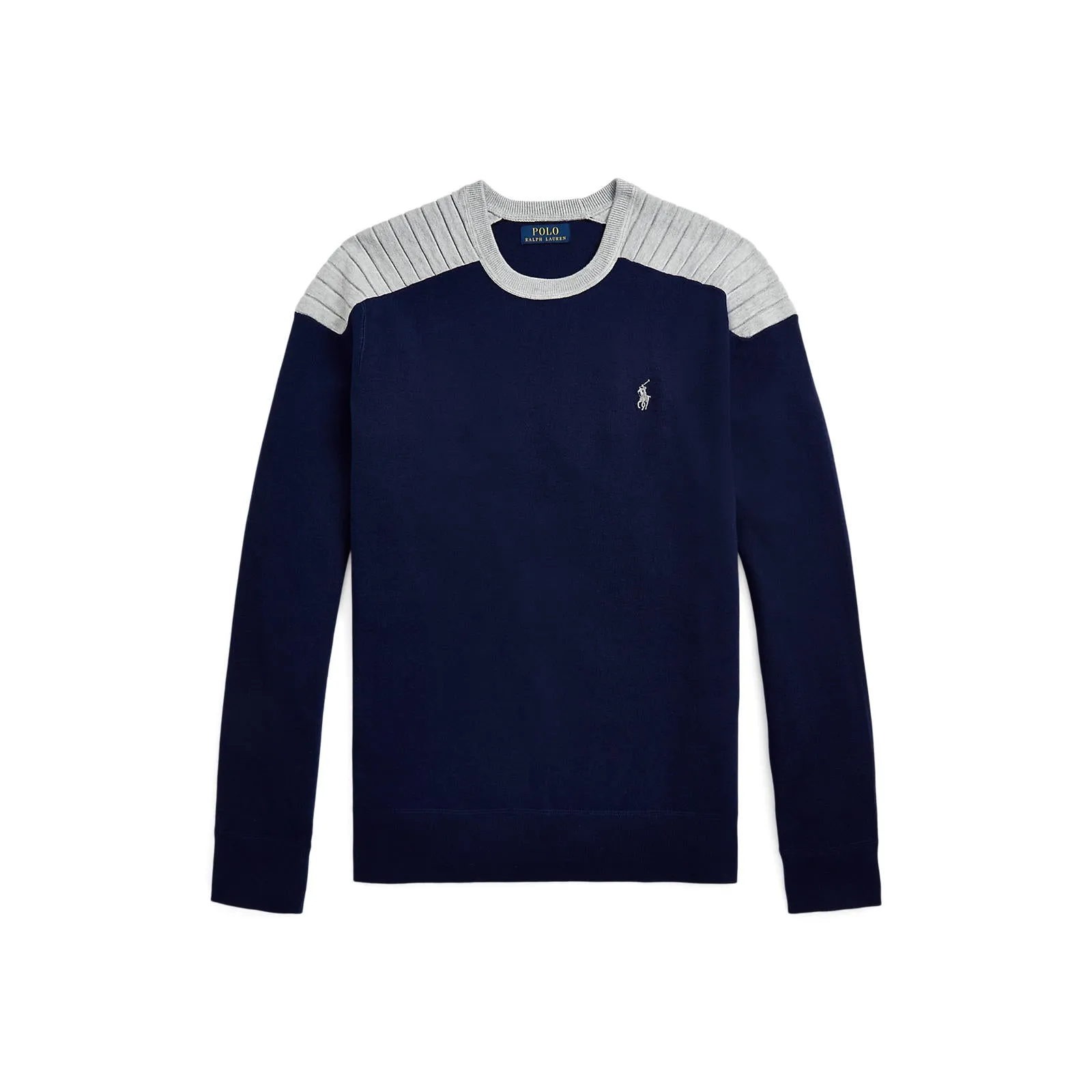 Cotton Blend Crew Neck Sweater - Navy/Grey