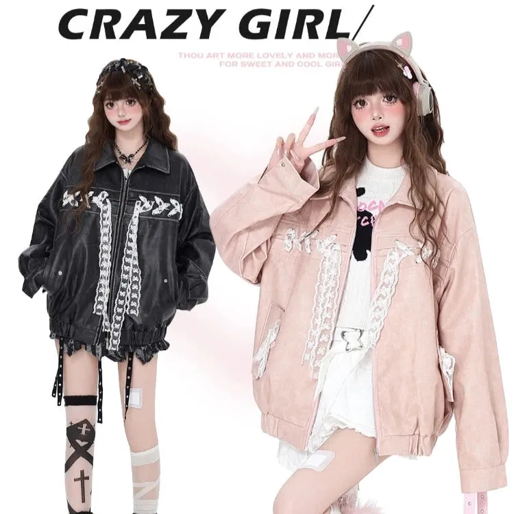 Crazy Girl Lace Ribbon Smoky Pink Black Leather Jacket