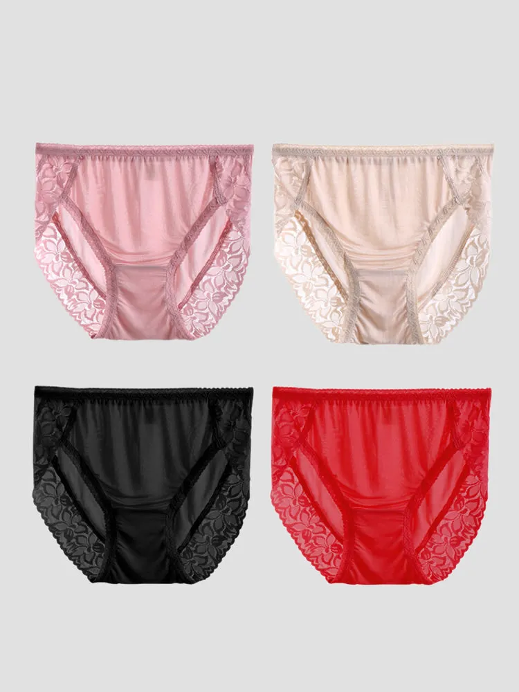 Culottes Tricotées en Soie de Dentelle Sexy 4Pcs pour Femmes (Soutien-Gorge NON Inclus)