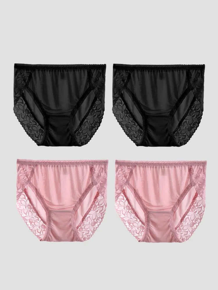 Culottes Tricotées en Soie de Dentelle Sexy 4Pcs pour Femmes (Soutien-Gorge NON Inclus)