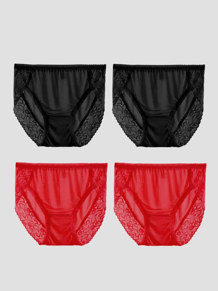 Culottes Tricotées en Soie de Dentelle Sexy 4Pcs pour Femmes (Soutien-Gorge NON Inclus)