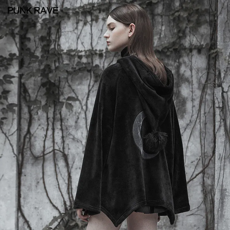 Dark Velvet Embroidered Cloak Jacket With Moon Design