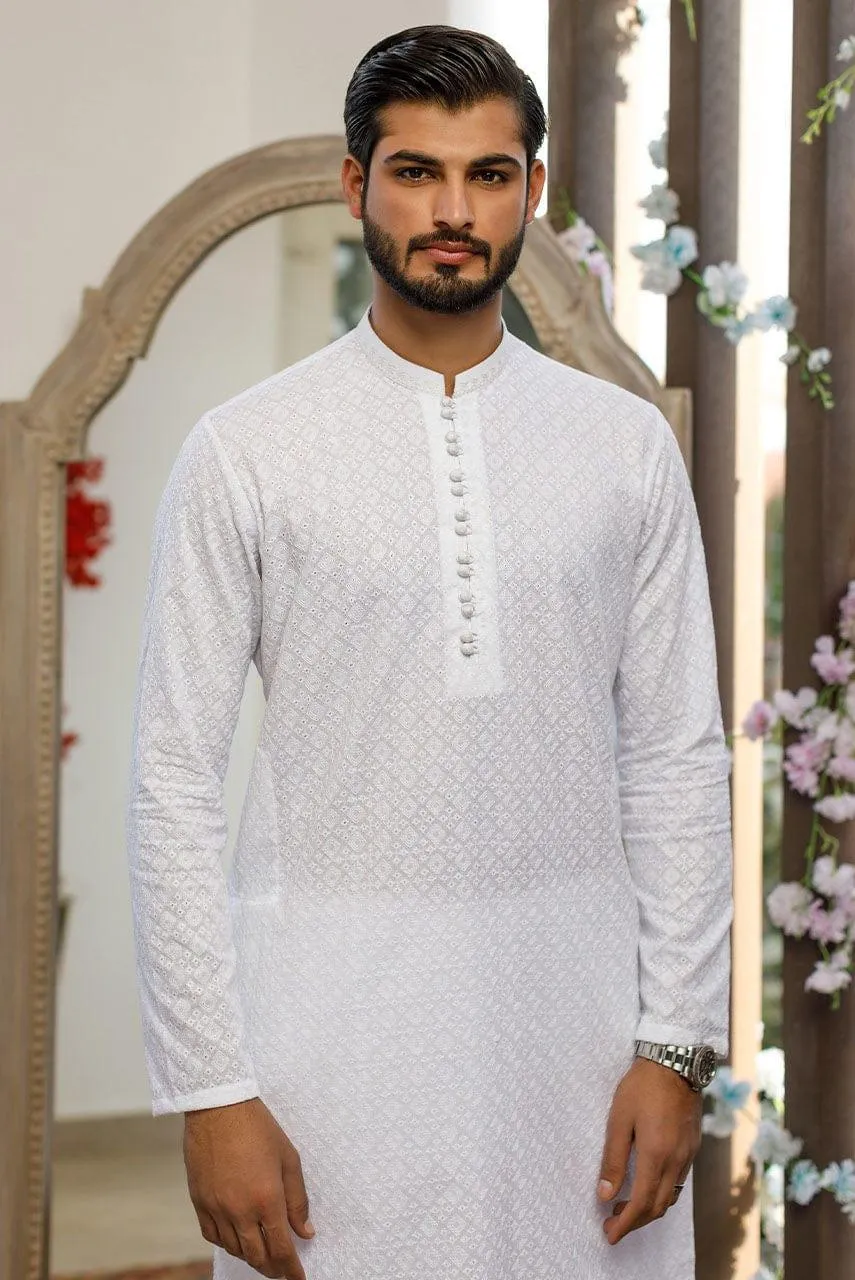 Deepak Perwani Men - White Cotton Embroidered Kurta Pajama - MOF1882 - 2 Piece