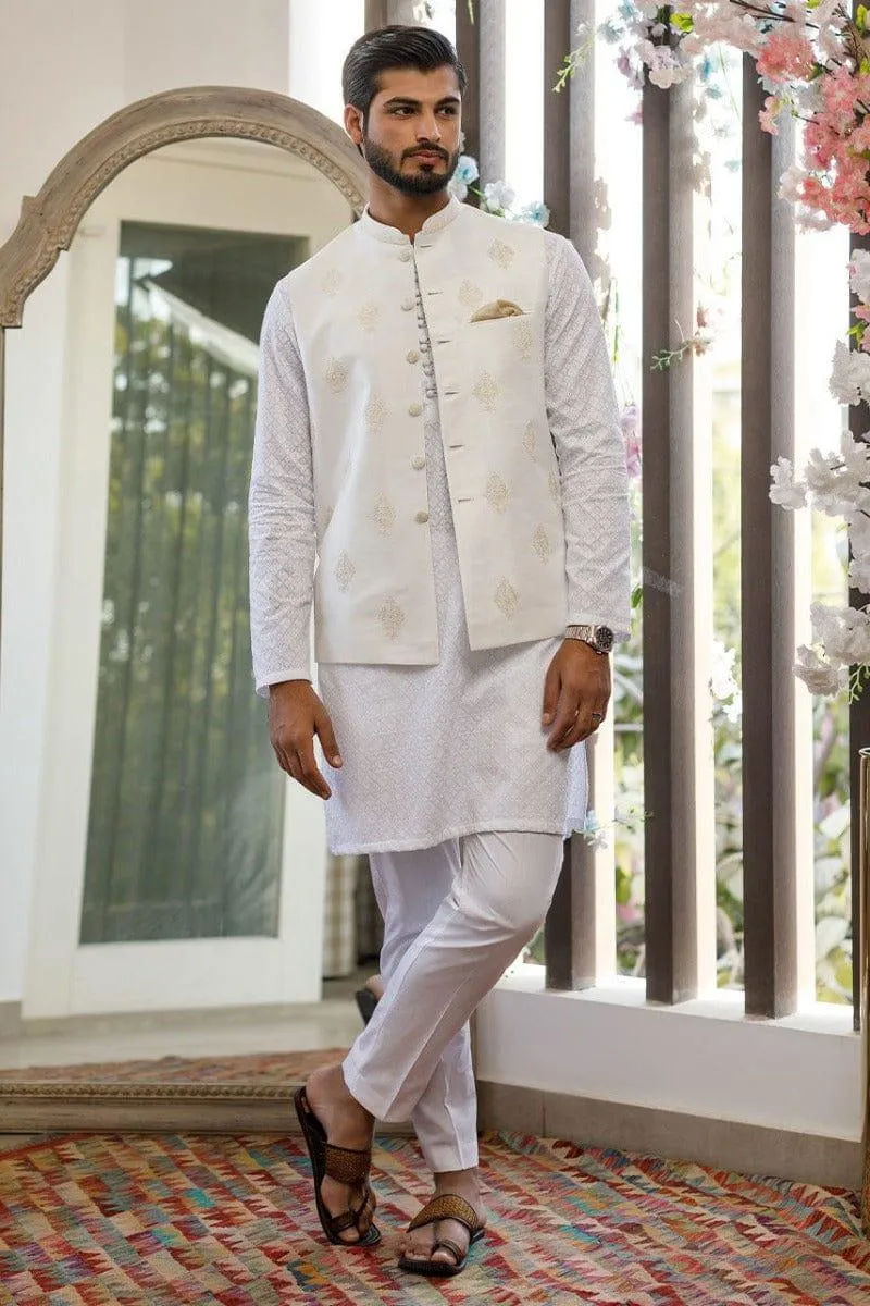 Deepak Perwani Men - White Cotton Embroidered Kurta Pajama - MOF1882 - 2 Piece