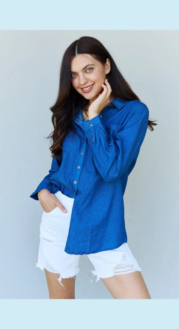 Doublju Blue Jean Baby Denim Button Down Shirt Top in Dark Blue