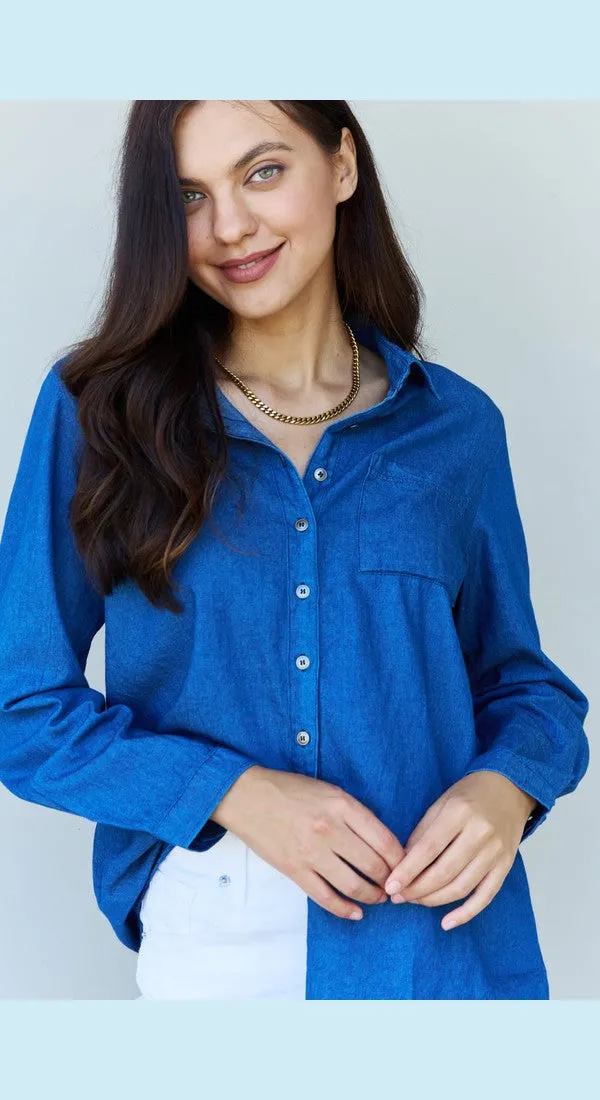 Doublju Blue Jean Baby Denim Button Down Shirt Top in Dark Blue