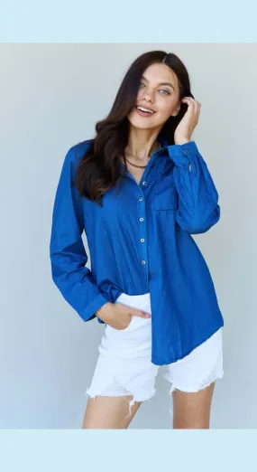 Doublju Blue Jean Baby Denim Button Down Shirt Top in Dark Blue