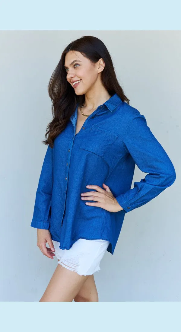 Doublju Blue Jean Baby Denim Button Down Shirt Top in Dark Blue