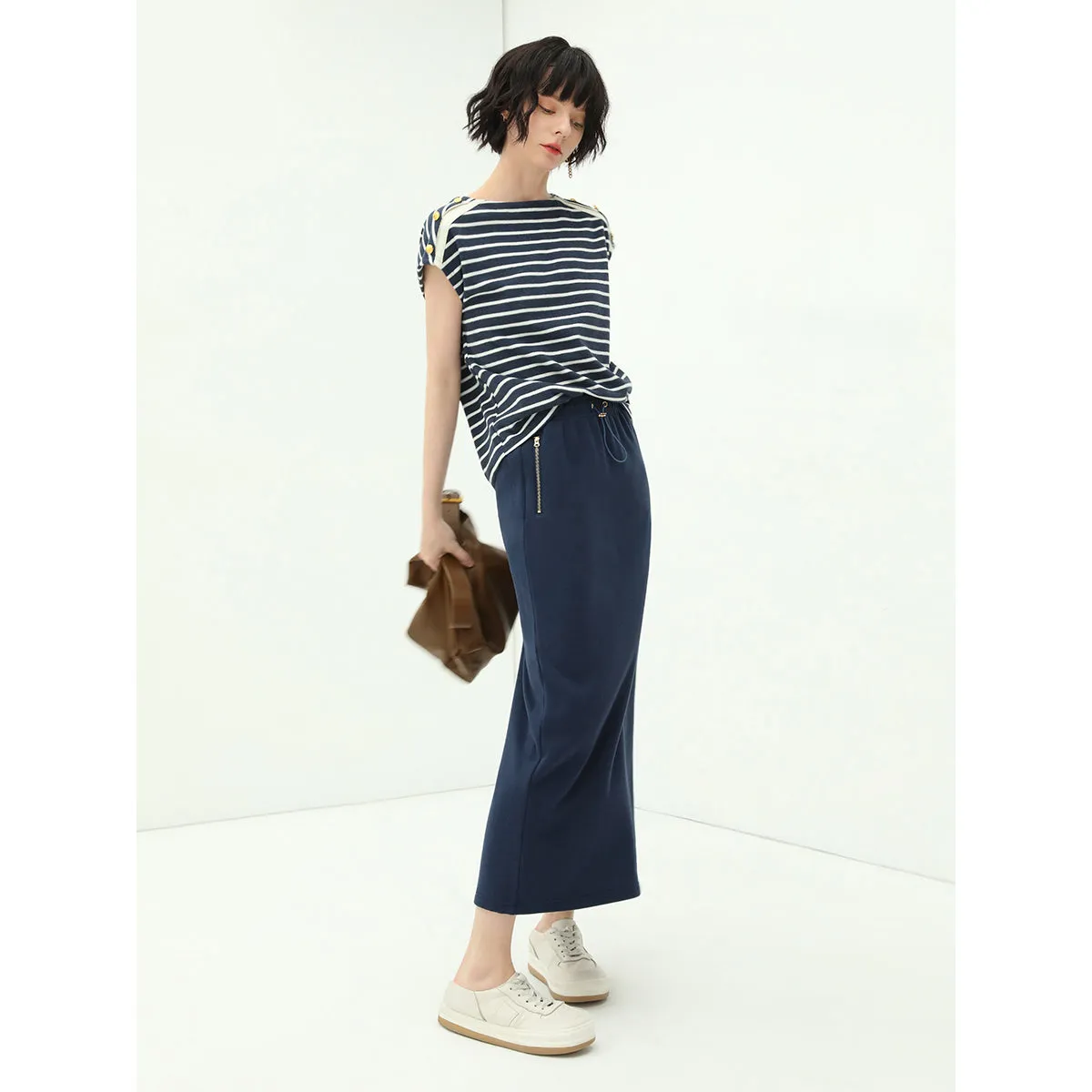 Elastic Drawcord Back-Slit Navy Skirt