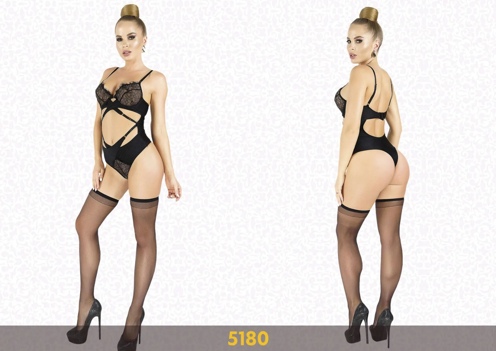 Elawin Lingerie | Black Front Diamond Teddy & Stockings