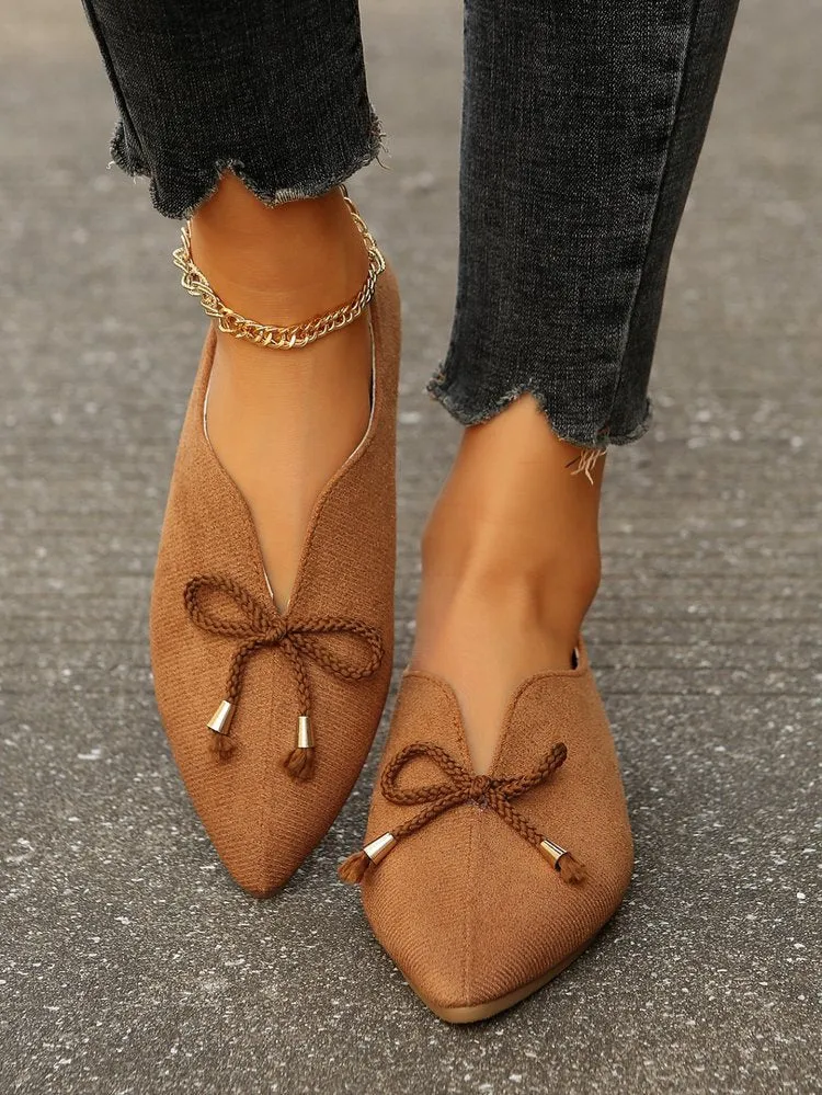 elveswallet Canvas suede bow pointed toe flat slip-ons