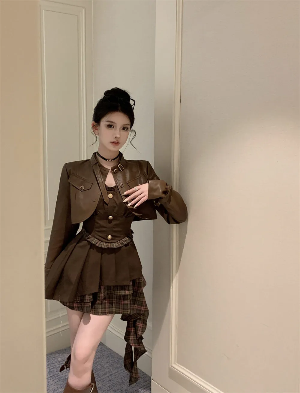 Fall Autumn Retro Grunge Industrial Brown Plaid Leather Jacket Dress Two Piece Set