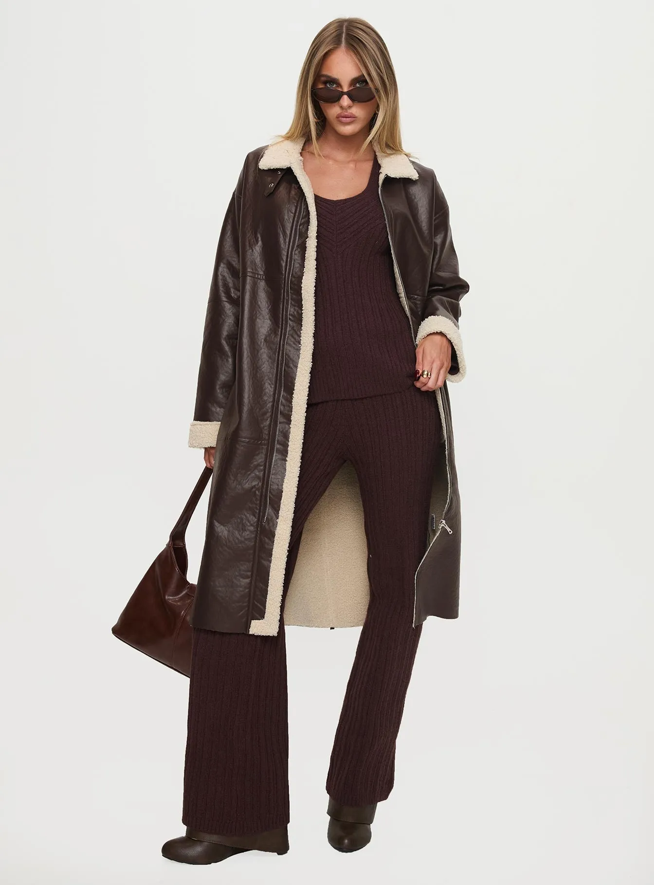 Fashionkova Ammelia Shearling Long-line Jacket Brown