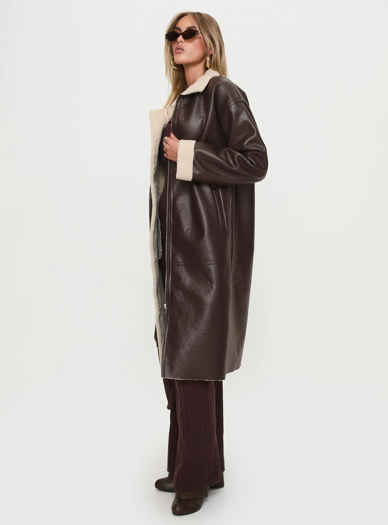 Fashionkova Ammelia Shearling Long-line Jacket Brown