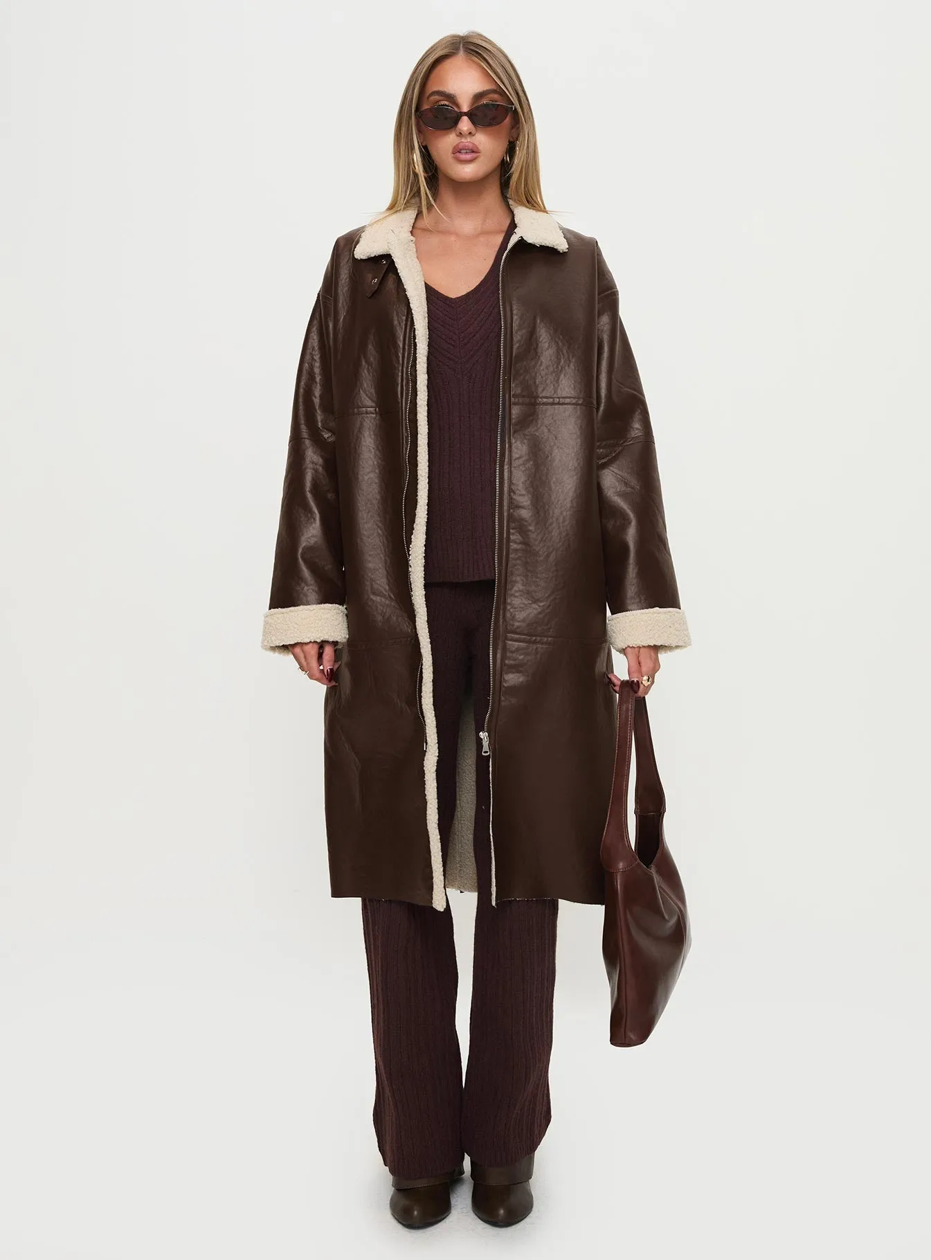 Fashionkova Ammelia Shearling Long-line Jacket Brown