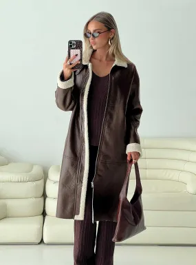 Fashionkova Ammelia Shearling Long-line Jacket Brown